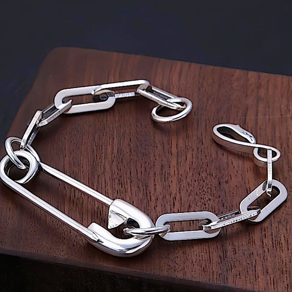 Sterling Silver Safety Pin Bracelet, Chain Link Unisex Birthday Present … - Picture 1 of 11